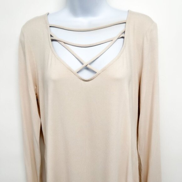 Buckle Strappy Chest Cutouts Long Sleeve Jersey Knit Basic Tunic Top Beige XL - Picture 3 of 6